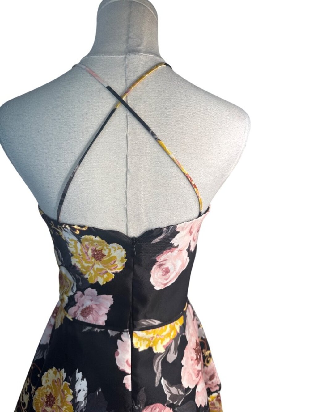 New BCX Floral Halter-Neck Size 3 Fit & Flare Dress Black/Yellow/Pink Polyester - Picture 11 of 15